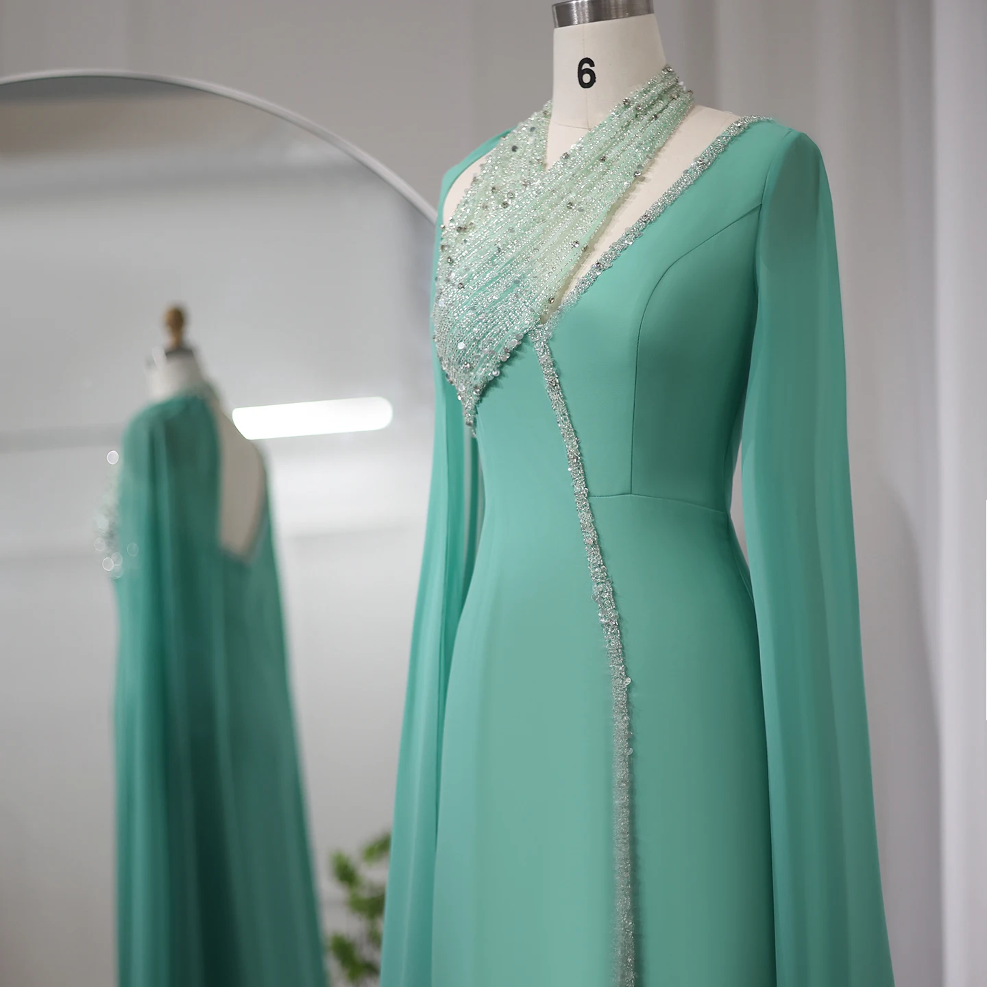 Turquoise Green Chiffon Dubai Evening Dress With Cape Sleeves Luxury Beaded  Arabic Women Wedding Party Gowns Sz474
