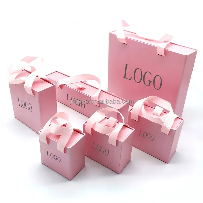 Custom Pink Color Package Boxes Luxury Gift Boxes For Jewelry  Cardboard Sliding Drawer Box with Ribbon Handle Hot Stamping