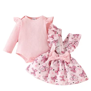 100% Cotton 9-12 Month Girl Clothes 3-Piece Set Long Sleeve Ruffle Dress Small Flutter Neck Bow Sweet Baby Clothing Set