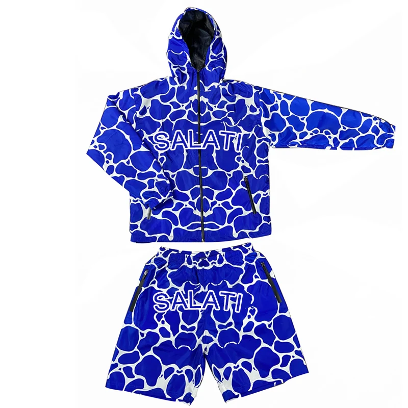 Custom Joggers Sport Short Nylon Tracksuit Full Zip Hoodie Set Waterproof Two Piece All Over Print Men Windbreaker Short Set