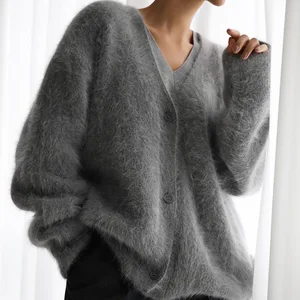 Women's 2026 Winter Casual Style Thick V-Neck Cardigan Sweater With Button Front Logo Fuzzy Mohair Knitted Loose Fit