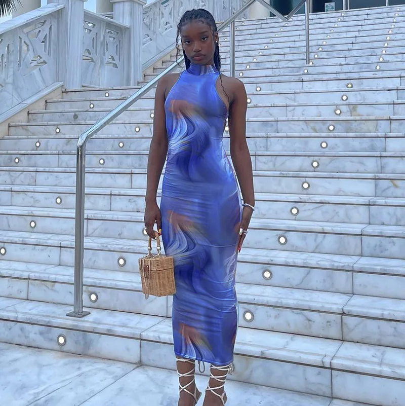 Wholesale bandage bodycon elegant casual dress designer tie dye maxi long  dresses ladies women sexy summer dresses woman 2021