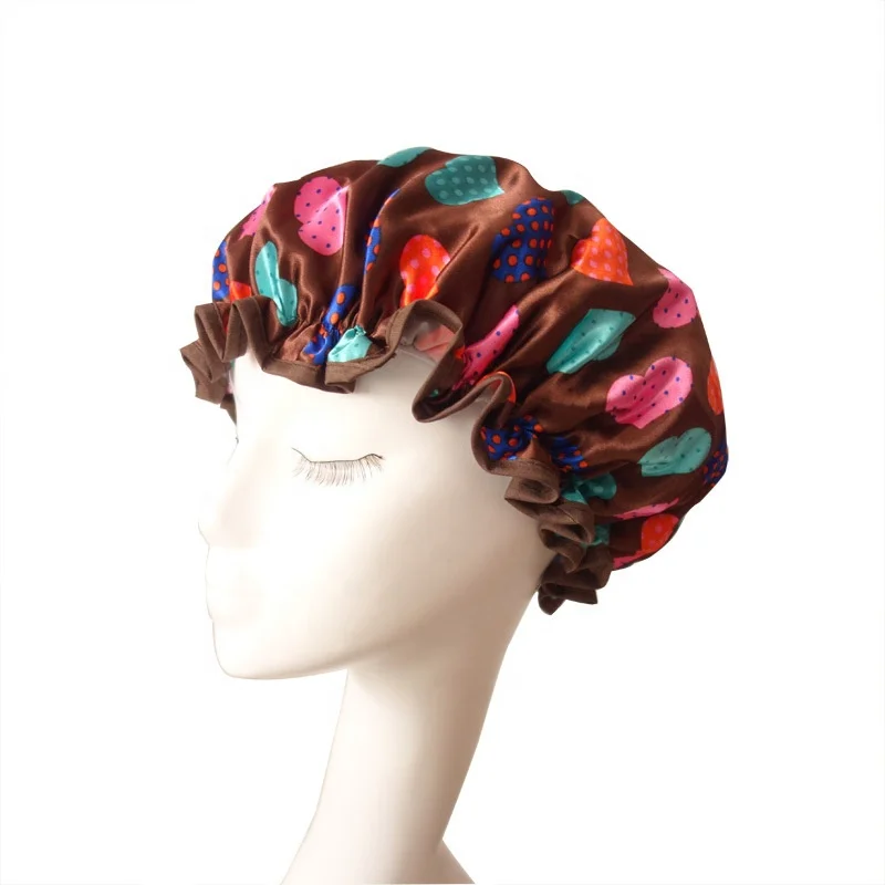 Custom Print Large Xl Double Layer Satin Lined PE EVA Waterproof Shower Cap for Women