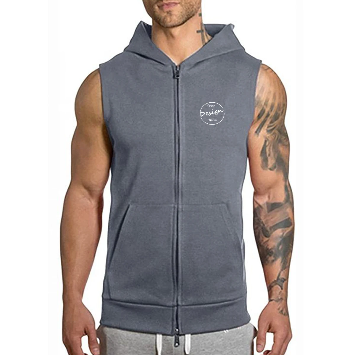 Blank zipper vest workout hooded tank tops bodybuilding muscle men's sleeveless gym hoodie men tank top with hood