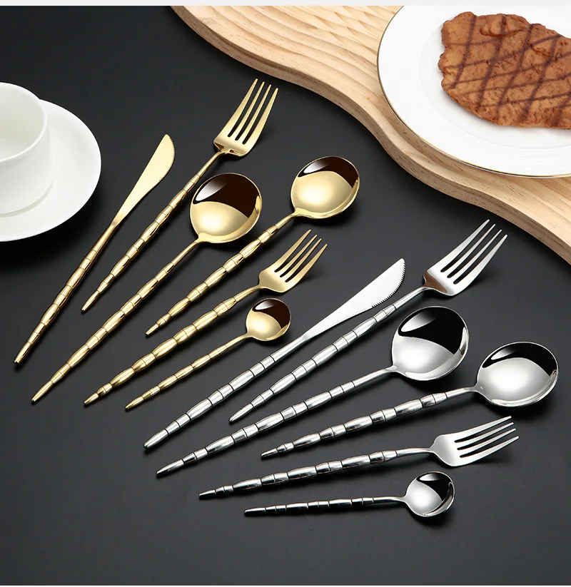 High Quality 18/10 Stainless Steel Cutlery Set Bamboo Handle Knife Fork Spoon Hotel Silverware Gold Cutlery Set for Restaurant