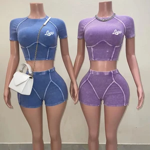 Huili Activewear Manufacturer High Quality Two Piece Sports Gym Fitness Clothing Custom Logo Acid Wash Workout Sets for Women