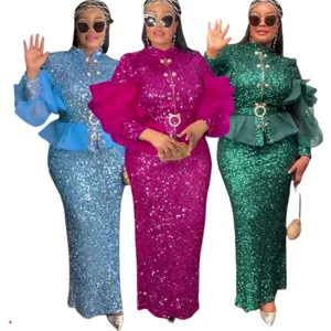 Fashion Luxury African Outfits for Women Heavily Embellished Sequin Puff Sleeve Top Skirt Set Two Piece Party Wear Evening Gown