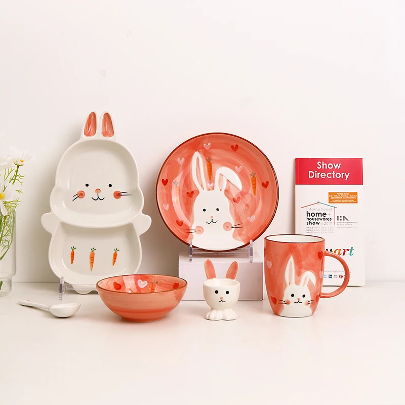 Rabbit Creative Kids Cute Animal Print Dinnerware Children Ceramic Porcelain Dinner Bowl Divided Plate and Spoon Sets supplier