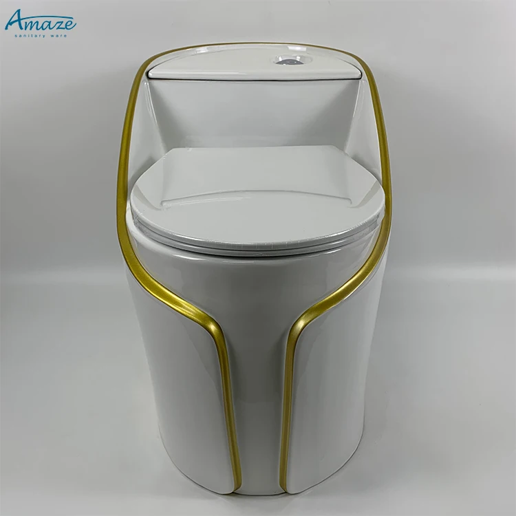 Luxury ceramic sanitary ware design bathroom gold line egg shape water closet floor one piece toilet bowl details