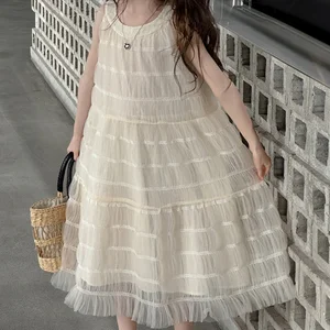 Girls Breathable and Comfortable Sleeveless Pleated Princess Dress Solid Pattern Birthday Party Dress for Children