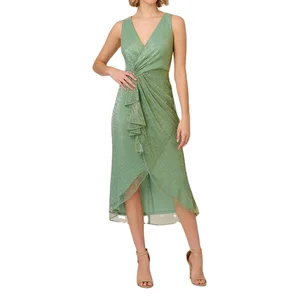 Custom High Quality Summer Causal Deep V-neck Fashion High Quality Crinkle Metallic Faux Wrap Dress  A-line Evening Dress