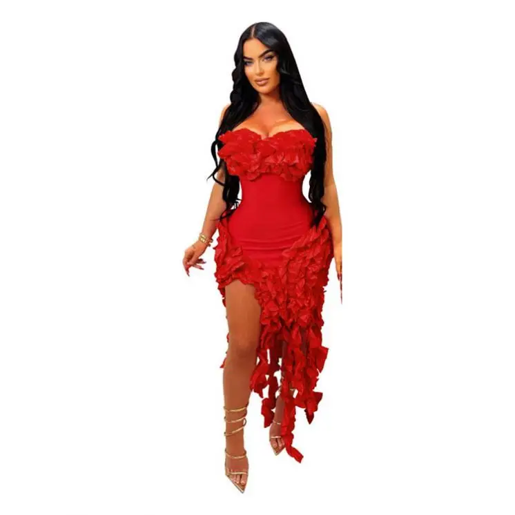 Spring 2024 African Women s Clothing Sexy Strapless Tassel Solid Color Mini Party Evening Dress