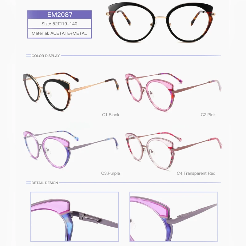 WAM-EM2087 New Factory Woman Lady Metal Mix Acetate Cat Eye Eyeglasses Frames for All Face Spectacles Eyewear with Spring Temple