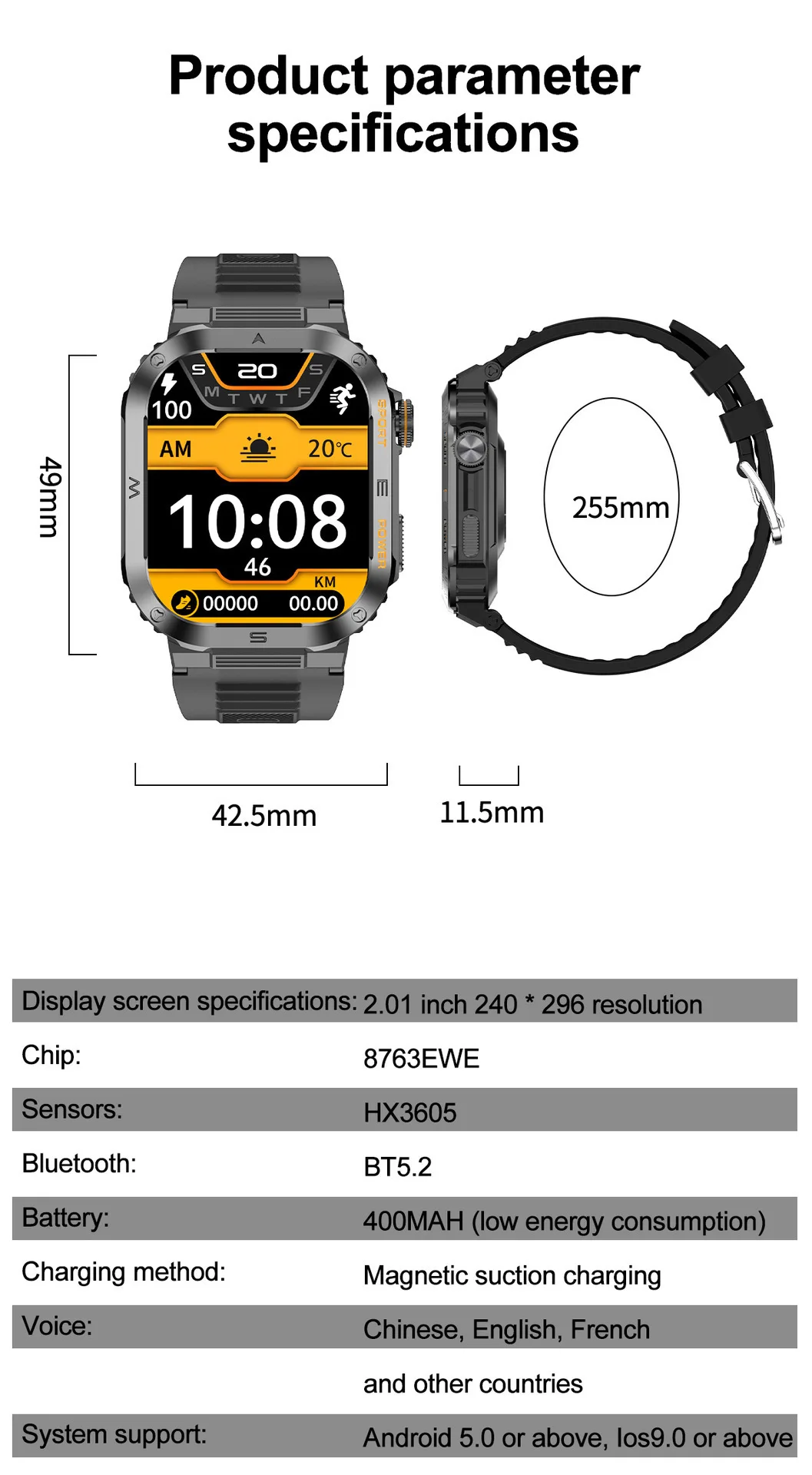 Mt39 Outdoor Sports Smart Watch 1.96 Inch Fitness Tracker Calling Reloj Montres Intelligentes Zegarek Ip68 Waterproof Smartwatch
