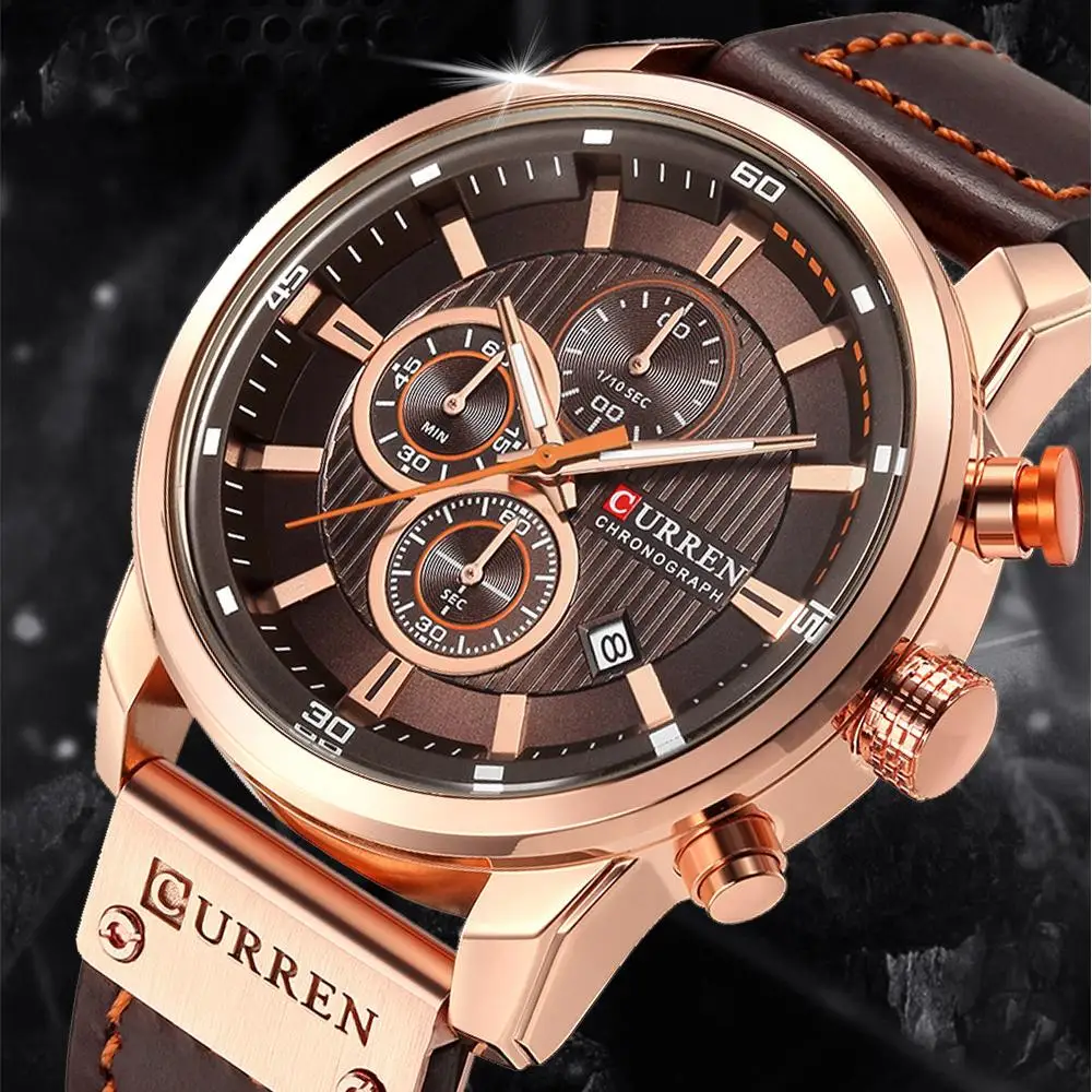Curren 8291 Quartz Watch Men Leather Strap Sport Casual Watch Multifunction Dial Wristwatch Waterproof Date Watch for Male