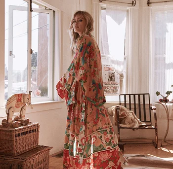 Fashion Women Loose Floral Print Chiffon Shirt Kimono Long Beach Boho Cover Ups