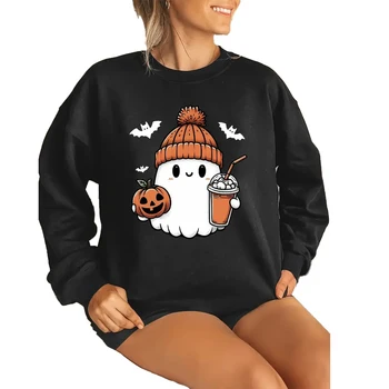 Halloween Ghost Print pullover sweatshirt, knitted casual long sleeve crew neck fall/winter hoodie, women's wear