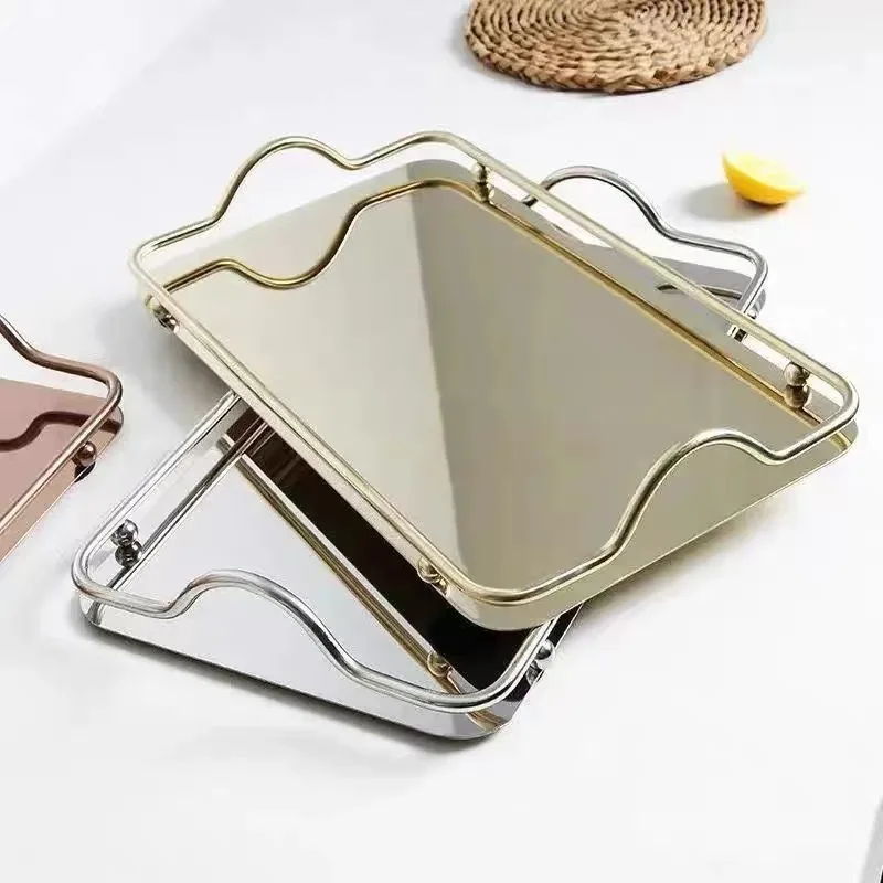 Wholesale Metal Decorative Serving Tray with Handle Stainless Steel Tea & Coffee Serving Tray_2
