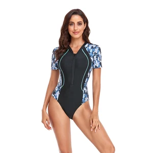 Mature Women's One-piece Swimsuit with Zippers High Cut Bottom V-neck Removable Padded Stretch Fabric