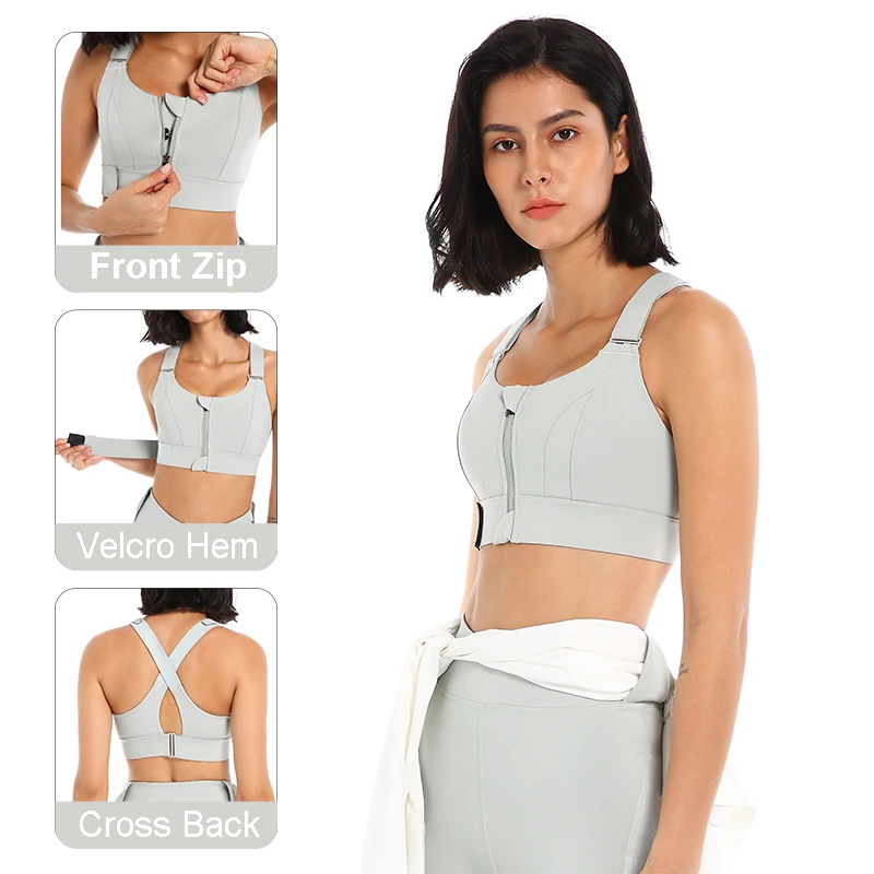Women Sports Bras Tights Crop Top Yoga Vest Front Zipper Plus Size  Adjustable Strap Shockproof Gym