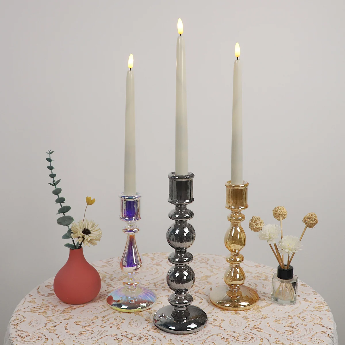 Decorative weighted crystal glass pillar candle holder with LED fairy string lights installed details