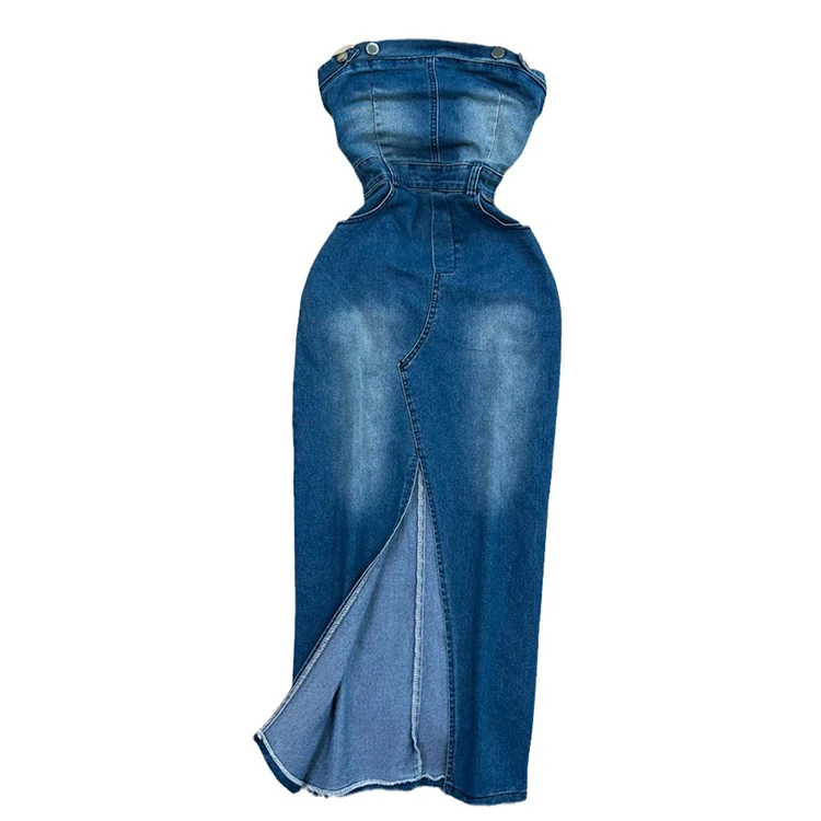 Wholesale One-Word Tube Top Denim Dress Sexy Slim Slit Retro Bag Hip Dress Korean Street Style Dress