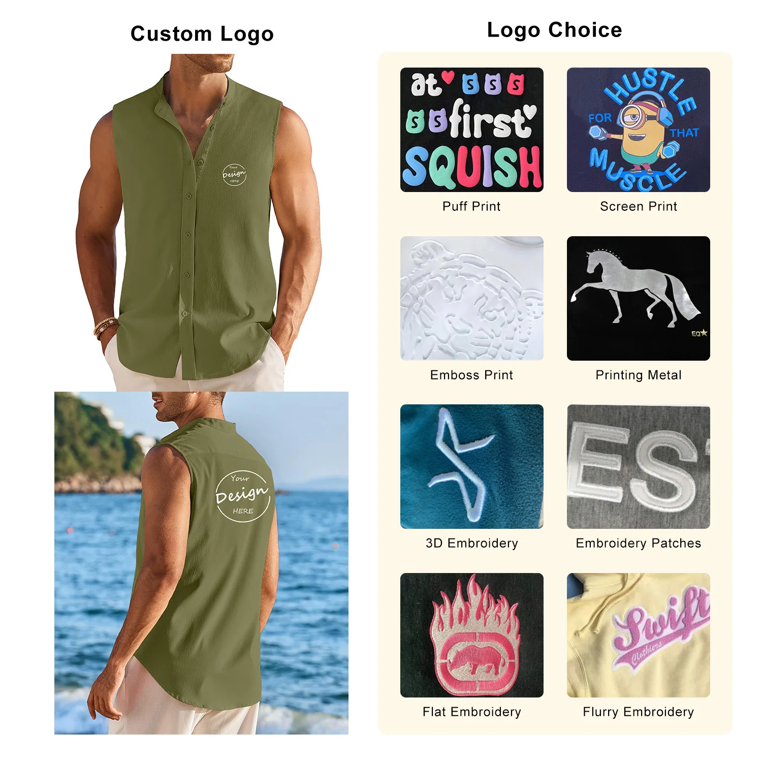 Desgin Men’s Polyester Cotton Blank Sleeveless T-Shirt Button up Band Collar Curved Hem Regular Fit Tank Top