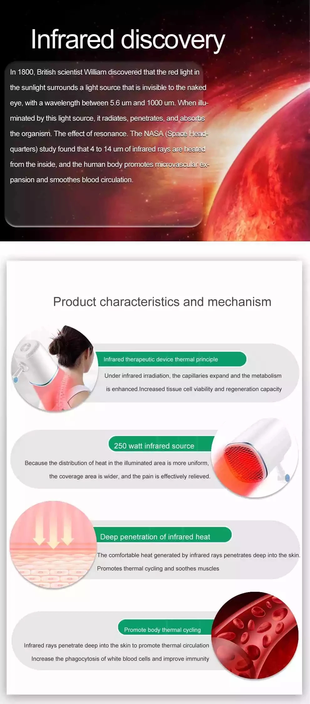 Leawell 150W Desktop Infrared Lamp for Pain Relief Medical Therapy Equipment with 0.6m-2.5m Wavelength and 1-99 Min Timer