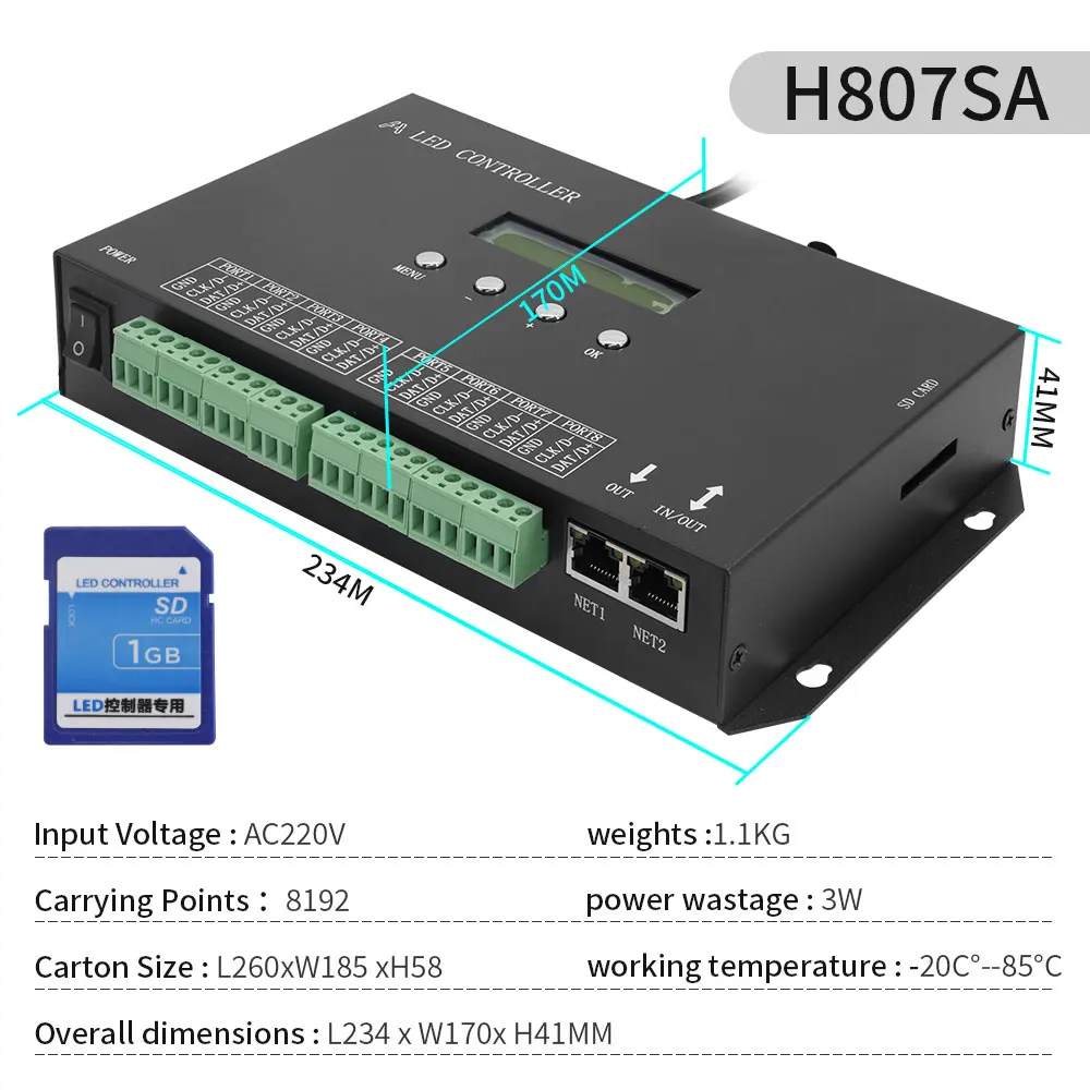 DMX512 Programable SPI Led Controller H807SA 8192Pixels for DMX512 WS2811 WS2812B WS2815 APA102 Led Strip