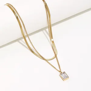 Women's European American Fashion Electroplated Stainless Steel Double Layer Snake Bone Chain Square Zircon Pendant Necklace