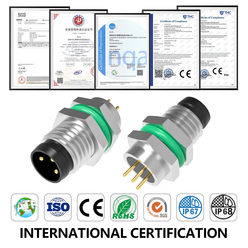 M8 Circular Panel Mount Receptacle Front Fastened PCB Type 3 Pin IP67/IP68 Waterproof Male Socket Brass Gold Plated Contacts