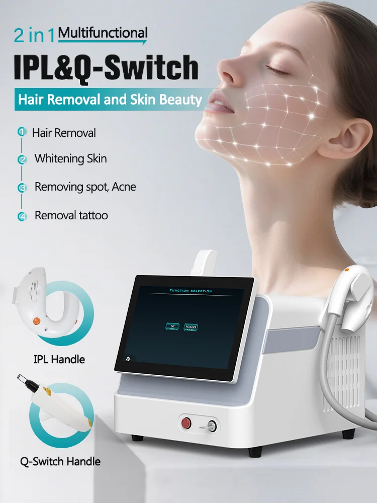 Portable 2 in 1 Q-SWITCH Tattoo Removal Carbon Peeling Skin Whitening Machine/ Fast IPL Hair Removal Machine