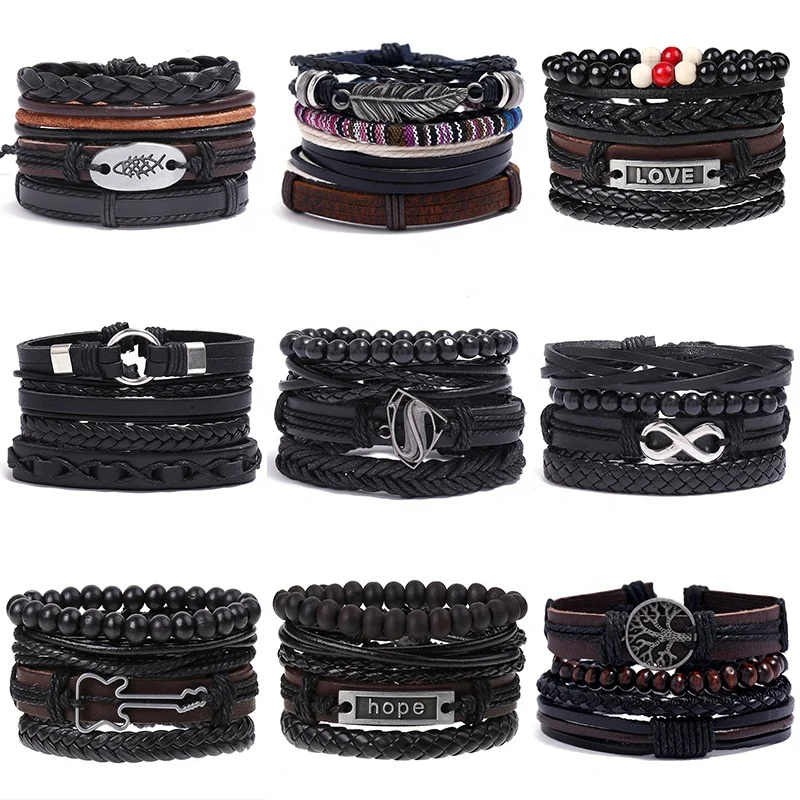 Men's leather anchor bracelet set