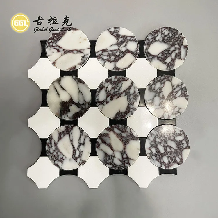 Luxury Design Water Jet White Stone Round Calacatta Viola Marble Mosaic Tile for Villa Hotel Decor