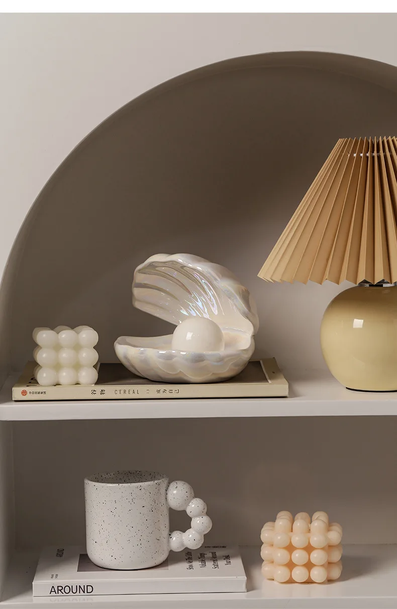 Pastel Aesthetic Home Decor Set Clam Shell Tray Bubble Candles Speckled Mug Pleated Lamp Neutral Tone Modern Shelf Styling