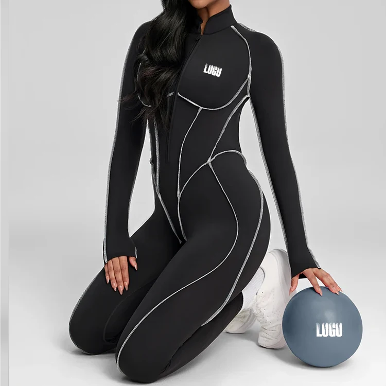 OEM Custom Manufacturers Long Sleeve Onesie Contouring Seams Open Back Bodysuit Zip up Jumpsuit Contour Stitch Catsuit for Women