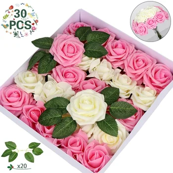 OurWarm 30Pcs Artificial Flowers Roses Real Looking Artificial Roses With Stem for Wedding Bouquets Centerpieces