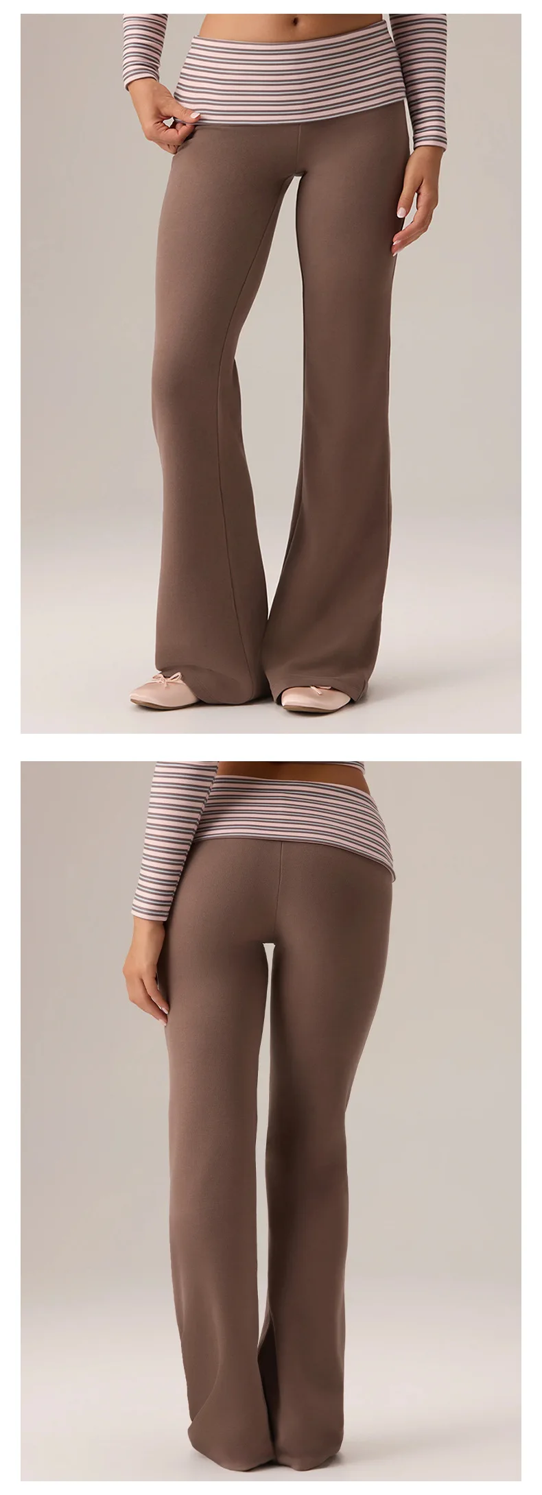 Quick Dry Striped Yoga Set Ribbed Long Sleeve Flared Leg Pants Active Stretch Womens Fitness Outfit — detail