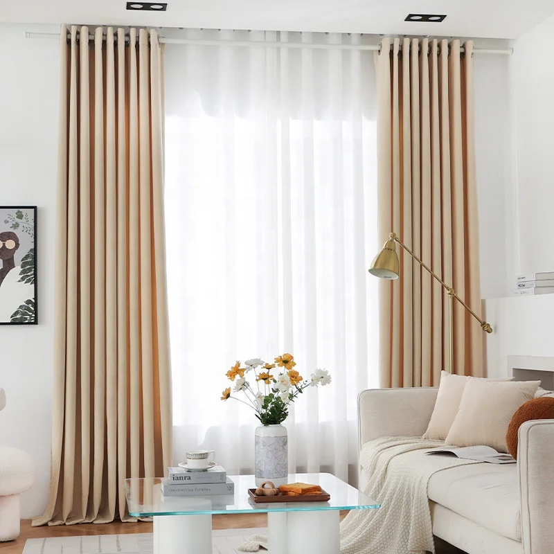 French Simple Solid Color Velvet Blackout Curtains for Bedroom Cream Patchwork Design Ready Made Curtains