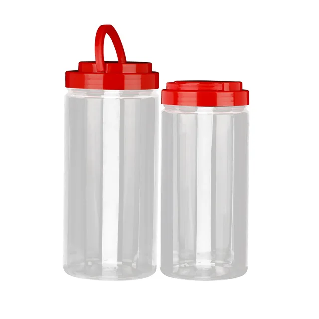 PET transparent plastic straight cylinder bottle 75mm cylindrical sealed bottle wide mouth storage bottle with a handle cap