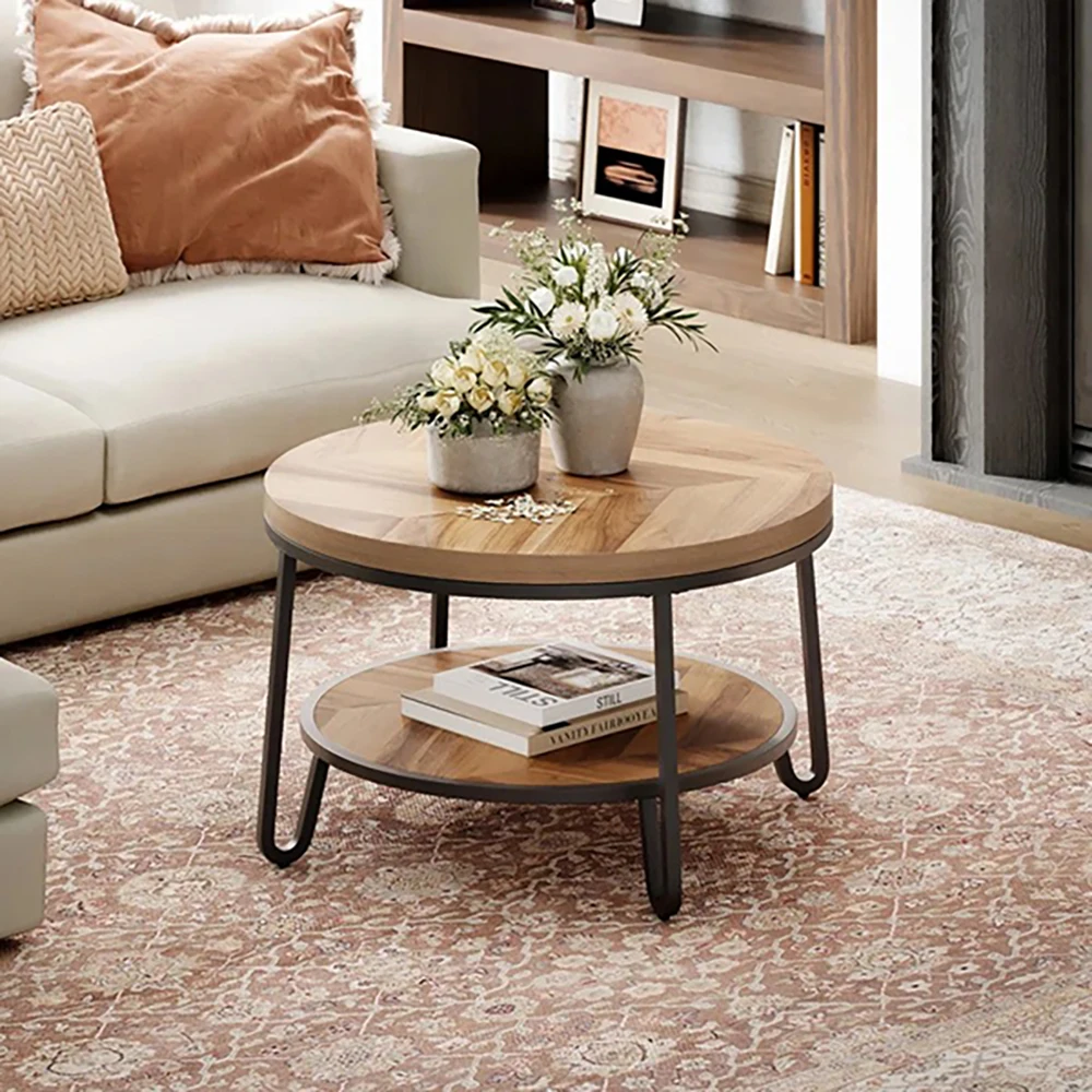 Modern 32\" Circle Accent Center Table with 2-Tier Storage Shelves Easy Assembly Wood Grain Design for Living Room Coffee Table details