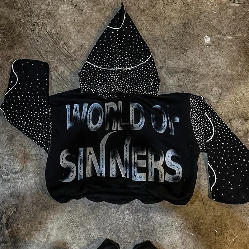 Custom All Over Rhinestone Printing Men's Hoodie with Acid Wash and Letter Graphic High Quality Streetwear Hoodie