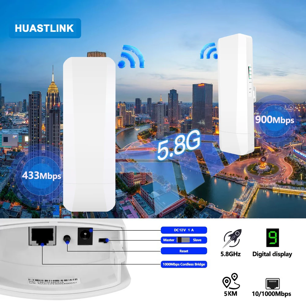 HUASTLINK 5km Outdoor Wifi Bridge - 900mbps P2P Solution