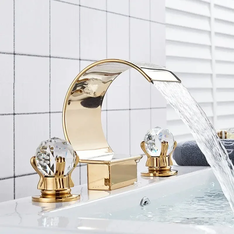 Dual Crystal Handle Brass  Bathtub Faucet Luxury Waterfall Faucet Deck  Mounted Copper  Toilet Faucet