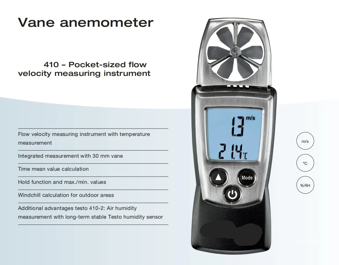 Part No. 0560 4102 Pocket Vane Anemometer Flow Velocity Measuring Instrument With Temperature