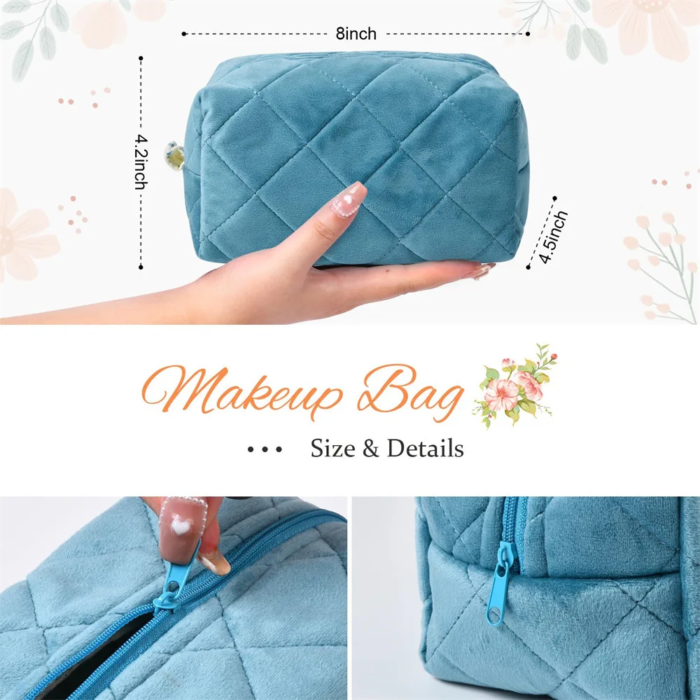 Women Zipper Soft Cotton Large Quilted Cosmetic Bag Pink Solid Color Cosmetic Bag Travel Make up Toiletry Bag