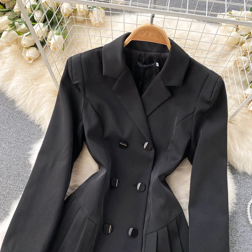 High End Spring Fall New Arrival Elegant Casual Sexy Double Breasted Black Coat Blazer Dress Women Clothing