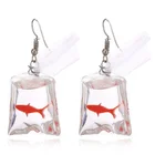 Unique Statement Funny Design Goldfish Fish in Bag Drop Dangle Resin Acrylic Earrings