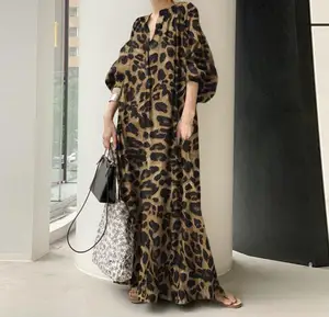 Wholesale 2026 Spring New Temperament Leopard Print Stand Collar Puff Sleeves Fashion Cotton Casual Bohemian Women's Dress
