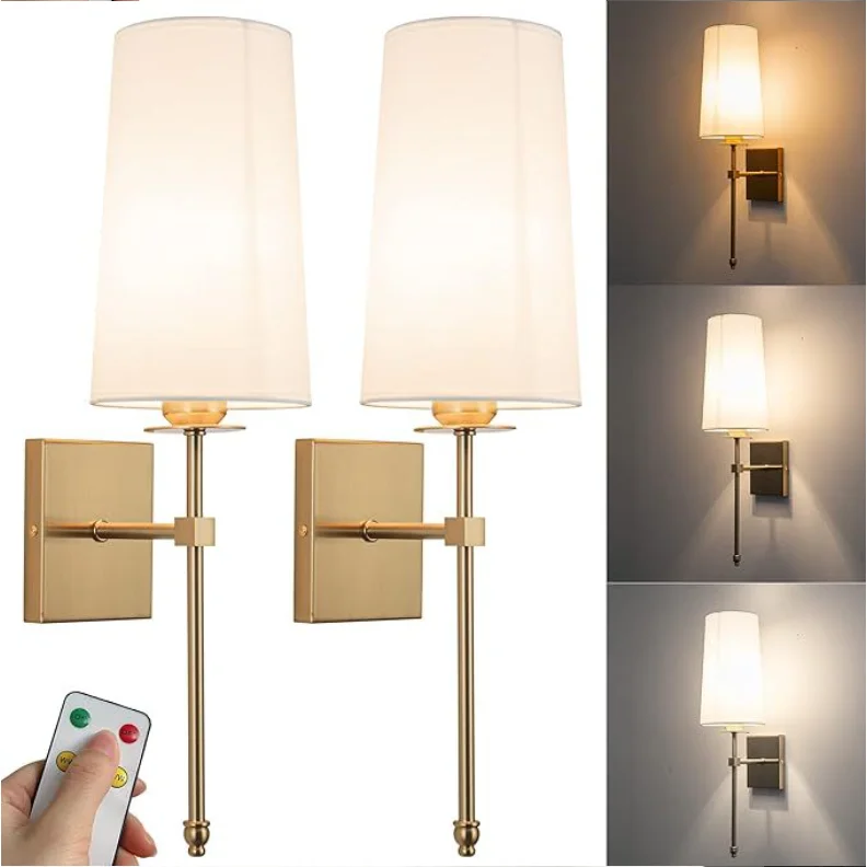 Rechargeable Led Wall Lantern Luxury Vintage Metal Indoor Wireless Remote Control Wall Lamp Fabric Lampshade Smart Home Lights